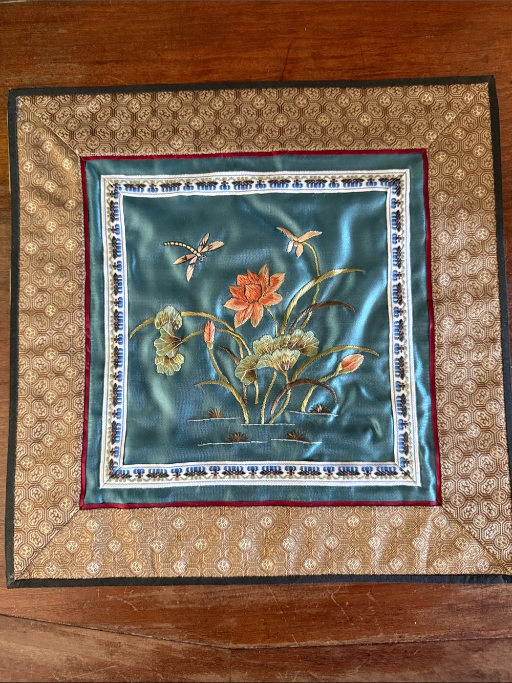 Silk Embroidered Lotus Wall Hanging – Teal and Gold